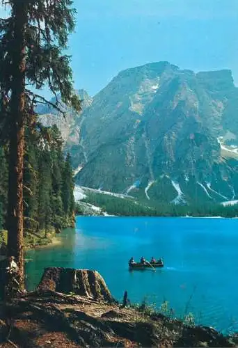 Italy postcard Lago di Brales Croda del Becco rowboat