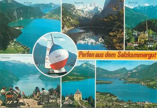 Austria postcard perlen aus dem Salzkammergut multi view sailship landscapes 1990