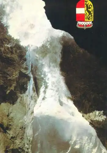 Austria postcard Liechtenstein klamm waterfall coat of arms