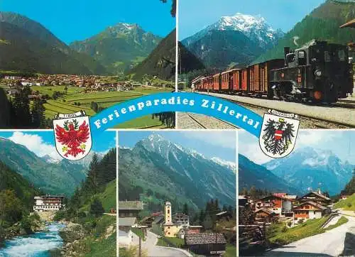 Austria postcard Ferienparadies Zillertal multi view train coat of arms