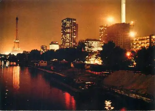 France postcard Paris night scene le Front de Seine Tour Eiffel 1981