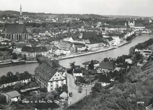 Austria postcard Steyr Enns panorama clocktower1968