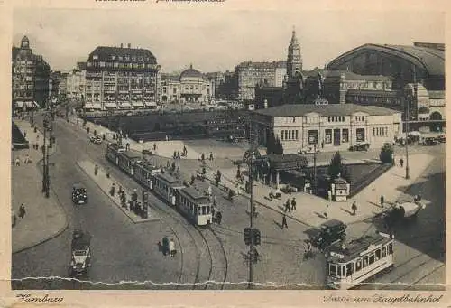 Germany postcard Hamburg aerial view of train station tram clocktower