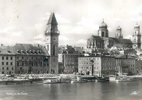 Germany postcard Passau an der Donau clocktower river banks cruise ship 1964