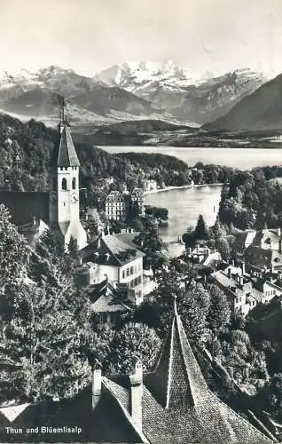 Switzerland postcard Thun und Bluemlisalp rooftop view clocktower