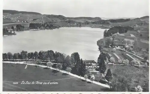 Switzerland postcard restaurant Le lac de Bret aerial view