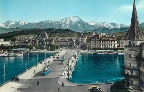 Switzerland postcard Luzern und die Alpen tram