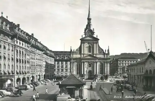 Switzerland postcard Bern Bahnhofplatz clocktower train station
