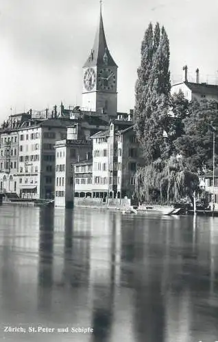 Switzerland postcard Zurich St Peter und Schipfe clocktower 1957