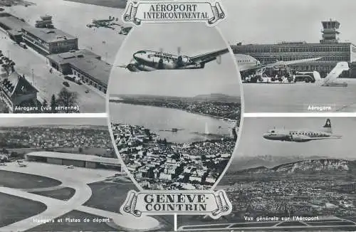 Switzerland postcard Geneve multi view aeroport intercontinental aerial view airplanes 1955