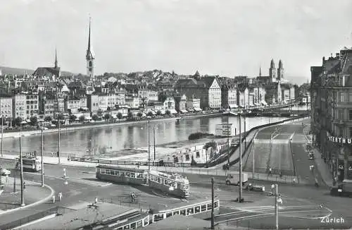 Switzerland Zurich city center bridge tram clocktower 1972