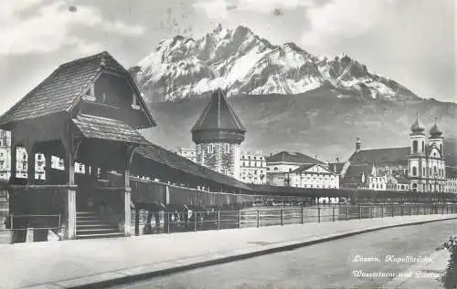 Switzerland Luzern Kapellbrucke Wasserturm und Pilatus 1954