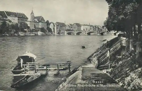 Switzerland Basel Mittlere Rheinbrucke u. Martinskirche 1926
