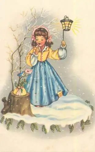 Postcard little bird brings letter to charming lady surrealism fantasy illustration