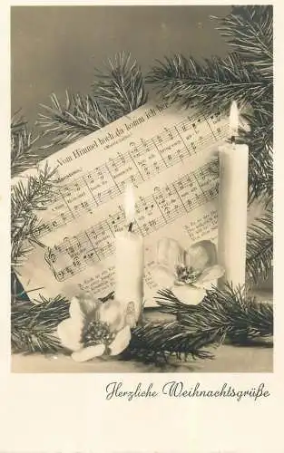 Herzliche Weihnachtsgrusse Postcard lit candles carol paper son fir tree branch