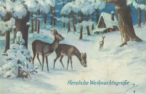 Herzliche Weihnachtsgrusse illustration Postcard Forest house winter scenery deer