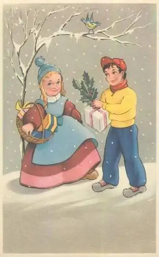 Holidays illustration Postcard winter snowy day ethnic types and scenes gift present