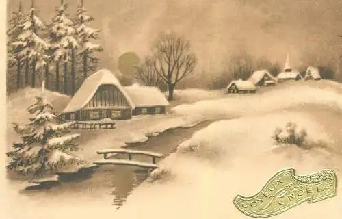Joyeux Noel greet Postcard winter scenery forest landscape picturesque village house