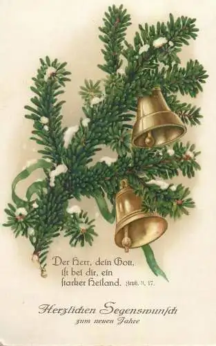 New Year greet Postcard bell decorated fir tree branch