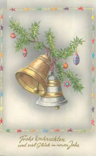 Frohe Weinachten und viel Gluck im neuen Jahr Postcard bell and globes decorated Christmas tree branch