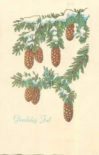 Gloedelig Jul Merry Christmas greetings illustration Postcard Christmas tree branch with acorns and snow