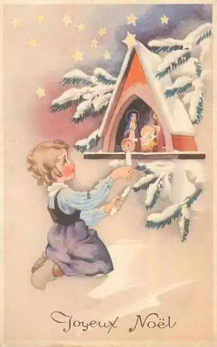 Joyeux Noel greetings illustration Postcard boy lighting candle