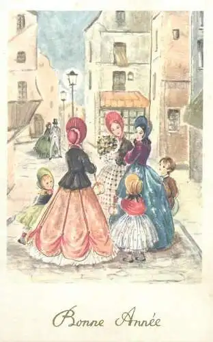 Bonne Annee greetings illustration Postcard ladies market meet