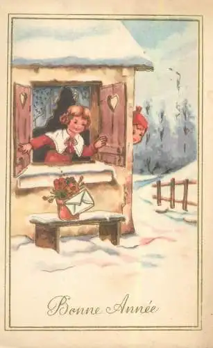 Bonne Annee greetings illustration Postcard holiday gift surprise