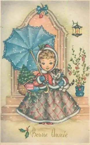 Bonne Annee greetings illustration Postcard winter outfit lady with umbrella and cat