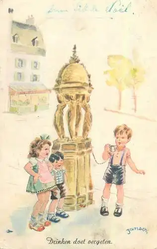 Joyeux Noel greetings illustration signed Postcard Drinking makes you forget