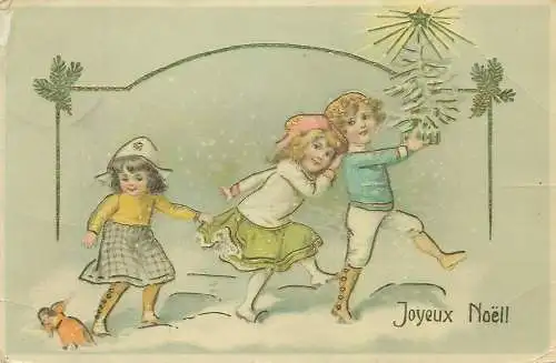 Joyeux Noel greetings fantasy illustration Postcard children carolling