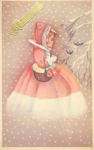 Bonne Annee greetings fantasy illustration Postcard red hood girl outfit flower basket winter snowy day