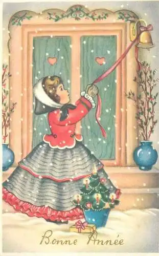 Bonne Annee greetings illustration Postcard girl ringing bell