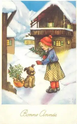 Bonne Annee greetings illustration Postcard winter day girl with little dog