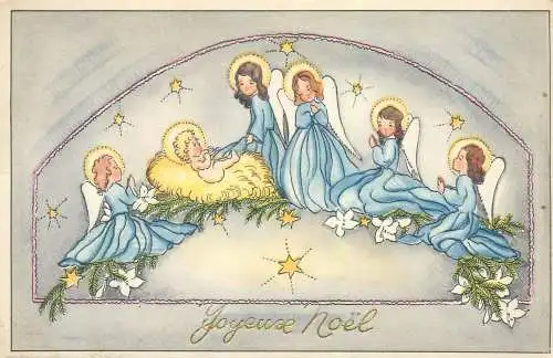 Joyeux Noel greetings illustration Postcard the Holy Child surrounded by angels