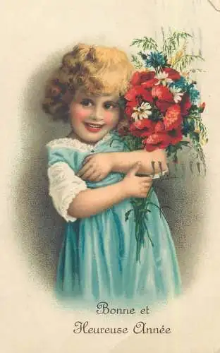 Bonne et Heureuse Anne greetings illustration Postcard beautiful girl with flower bouquet