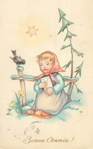 Bonne Anne greetings illustration Postcard woman reading letter to friendly little bird