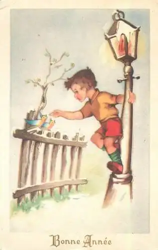 Bonne Anne greetings Postcard boy feeding birds illustration