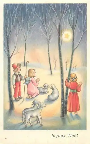 Joyeux Noel greetings Postcard religious theme shepherds following the star