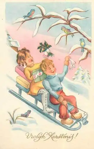 Vrolijk Kerstmis greetings Postcard winter day illustration boy and girl sleighing