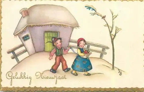 Gelukkig Nieuwjaar greetings Postcard typical costumes ethnic Dutch types and scenes illustration