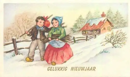 Gelukkig Nieuwjaar greetings Postcard winter day ethnic Dutch types and scenes typical costumes illustration
