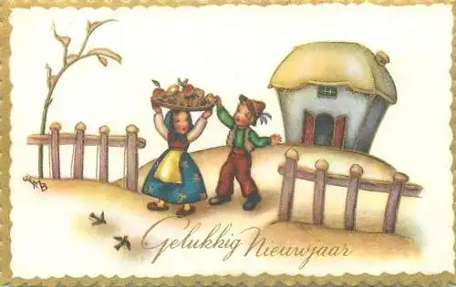 Gelukkig Nieuwjaar greetings Postcard ethnic Dutch types and scenes typical costumes illustration