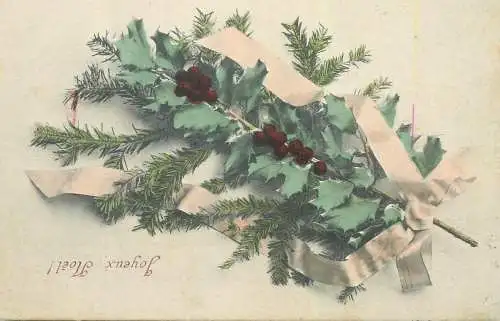 Post card Joyeux Noel greetings Christmas tree branch decorative ornament