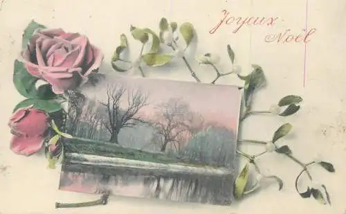 Post card Joyeux Noel greetings rose landscape photo