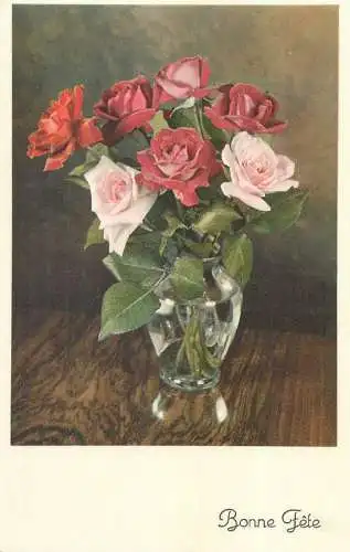 Post card Bonne Fete greetings roses vase floral arrangement