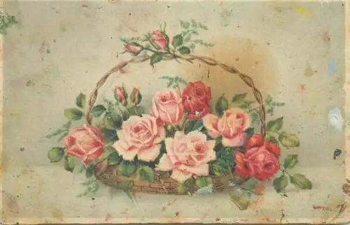 Post card roses basket arrangement