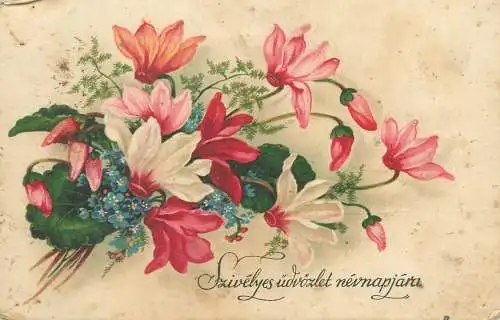 Post card Name Day greetings colourful flower bouquet