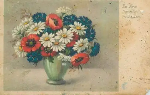 Post card Name Day greetings colourful vase bouquet