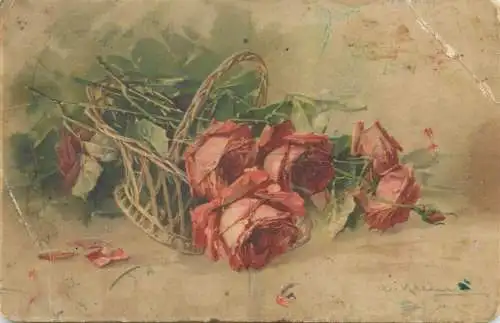 Postcard roses basket arrangement